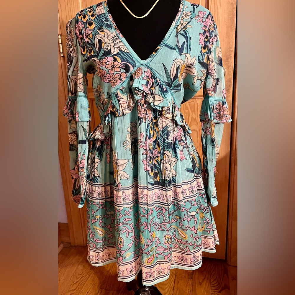 NWT Raga Anthropologie Botanic Enchantment Metallic Turquoise Floral Mini Dress
